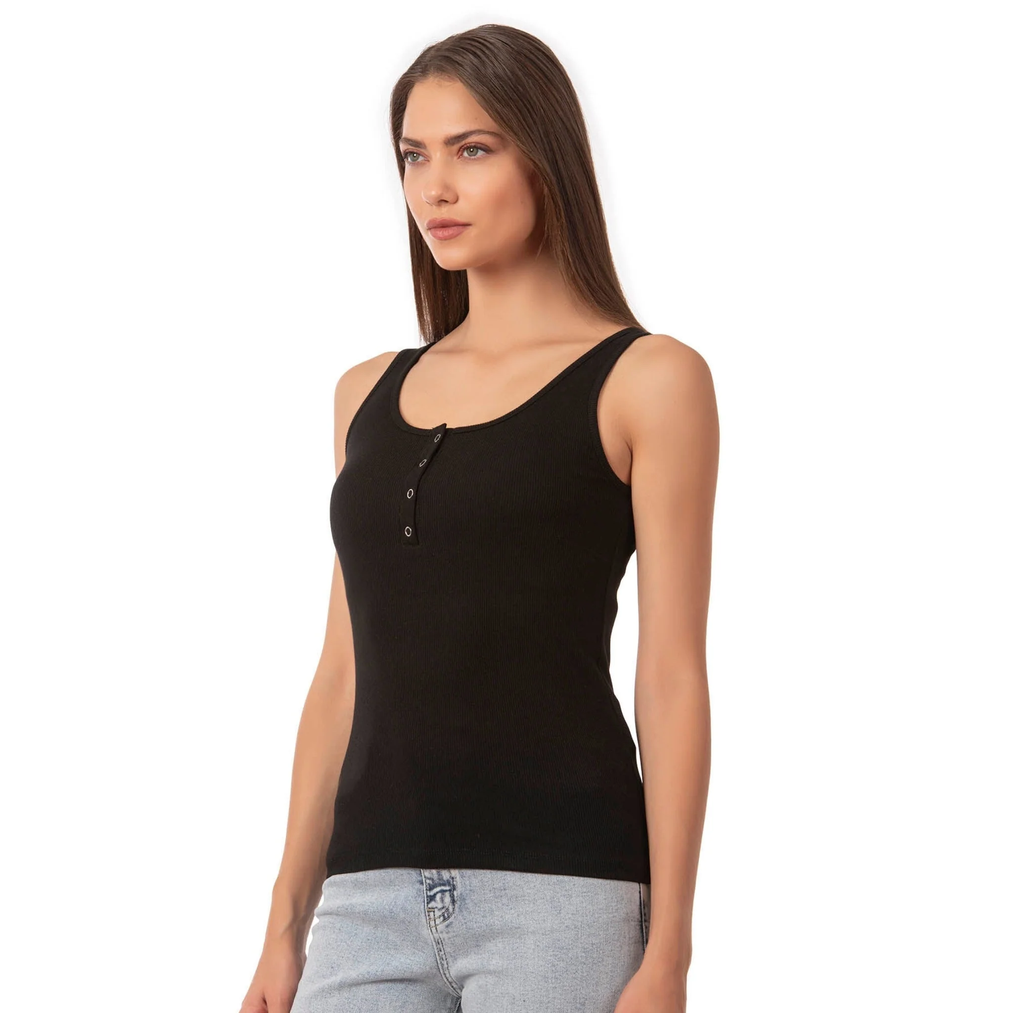 Women’s Ribbed Cotton Tank Top with Snap-Button Detail - Image 9
