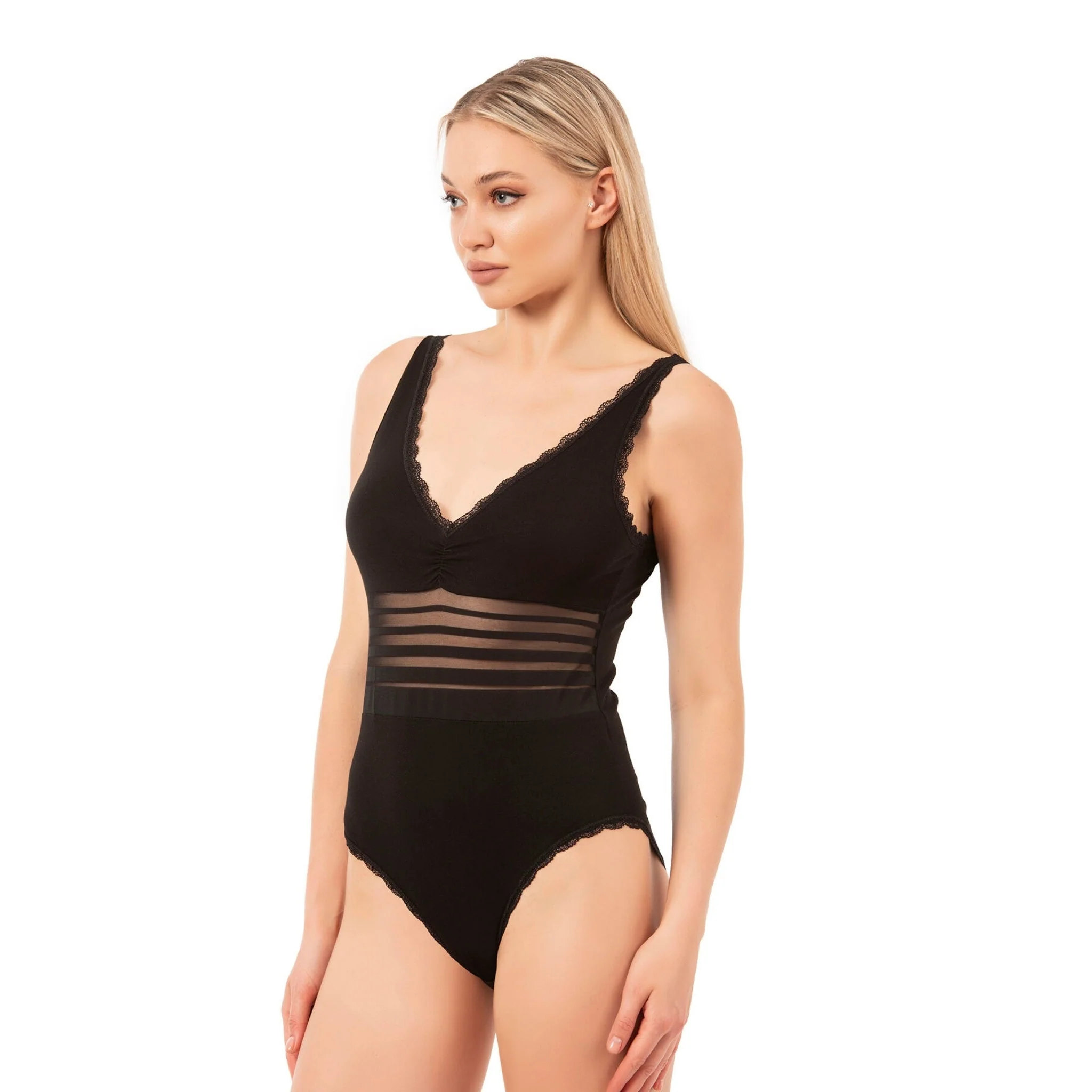 Women’s Cotton Bodysuit with Sheer Waist and Lace Trim - Image 3