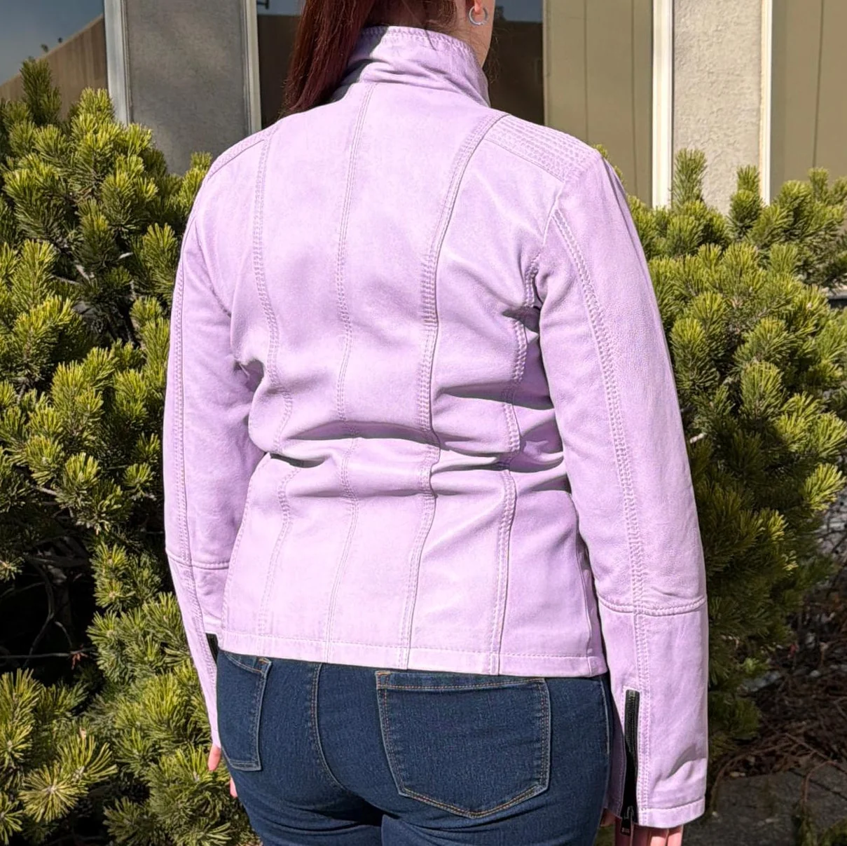 Women's Classic Sheep Leather Jacket. Standing Collar with Studs, 4 Zippered Pockets & Shoulder Accent Stitching - Image 2
