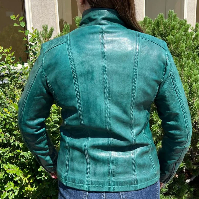 Women's Classic Sheep Leather Jacket. Standing Collar with Studs, 4 Zippered Pockets & Shoulder Accent Stitching - Image 25