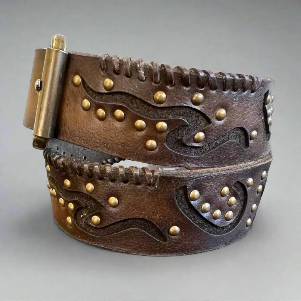 Women's Full Grain Leather Belt with Geometric Embossing & Studs - Image 2