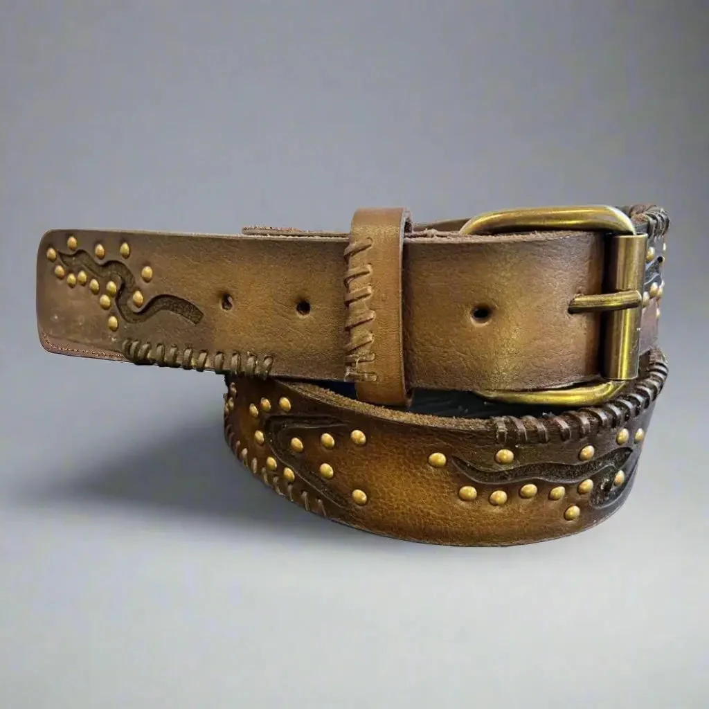 Women's Full Grain Leather Belt with Geometric Embossing & Studs - Image 3