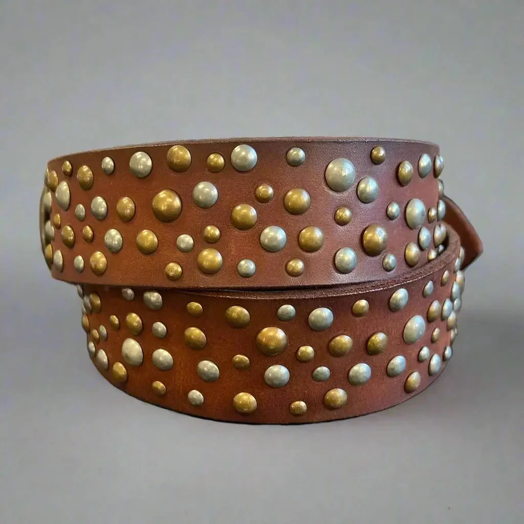 Women's Full Grain Leather Belt with Oval Buckle and Studs - Image 2