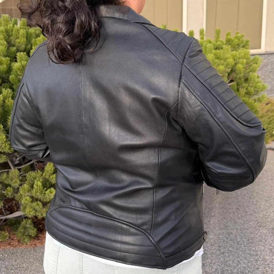 Women's Lamb Leather Biker Jacket with Quilted Ribbed Shoulders - Image 2