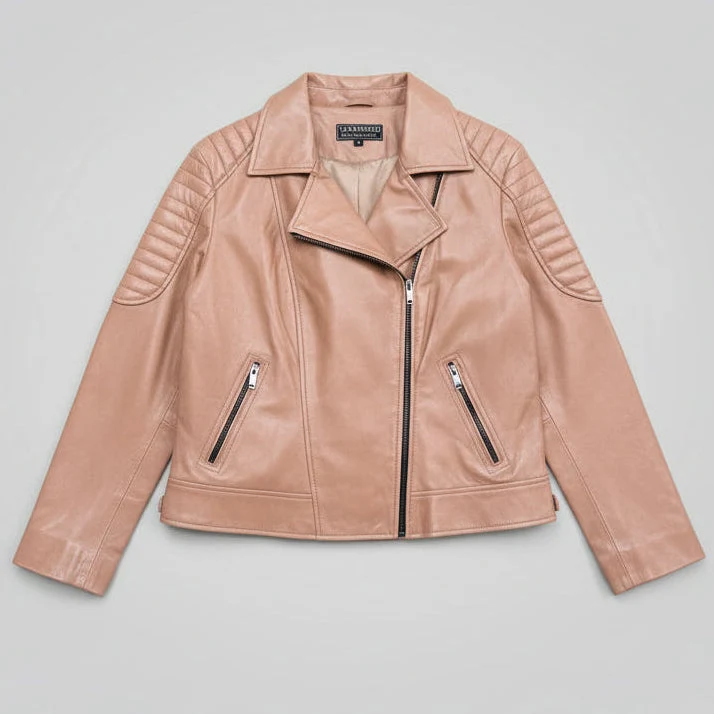 Women's Lamb Leather Biker Jacket with Quilted Ribbed Shoulders - Image 4
