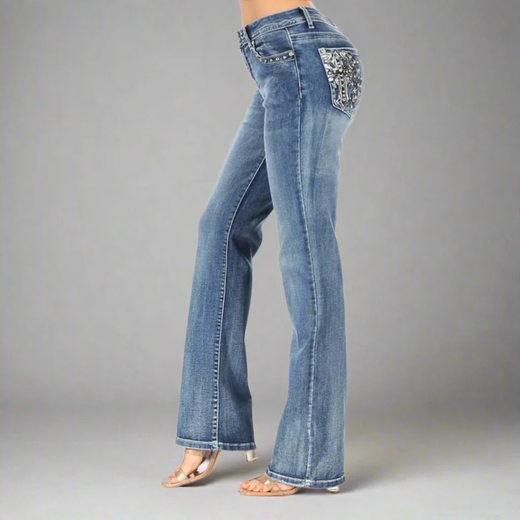 Women's Rhinestone Embellished Bootcut Jeans with Angel Wing Cross Back Pocket & Sequined Detail - Image 3
