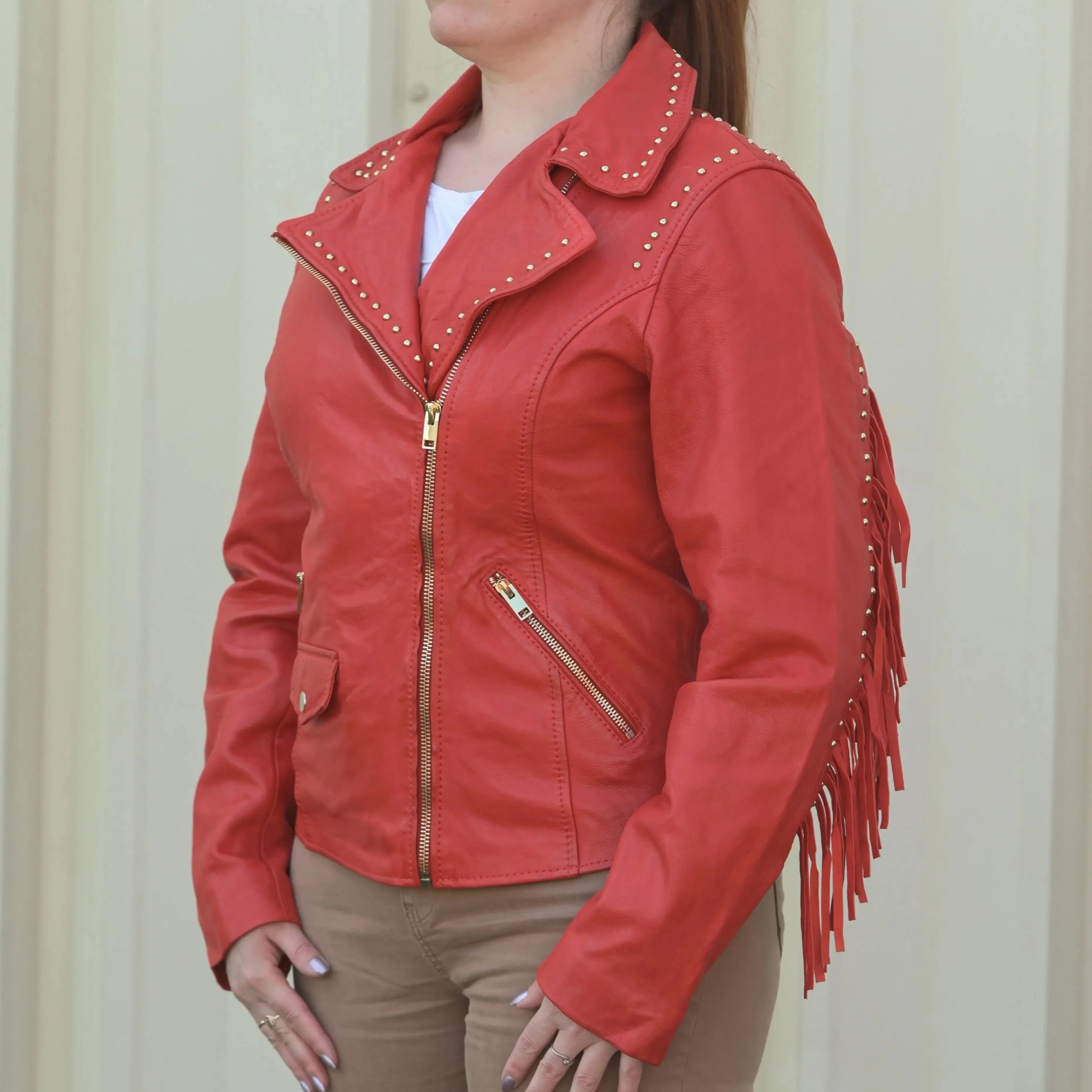 Women's Studded Leather Jacket with Removable Fringe - Image 9