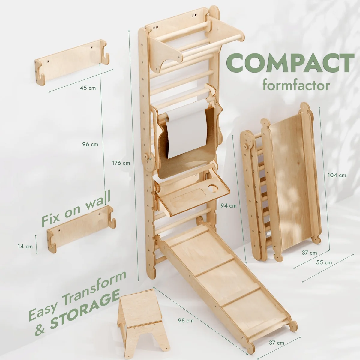 Wooden Swedish Wall 7in1/ Climbing ladder for Children + Swing Set + Slide Board + Art Add-on - Image 2