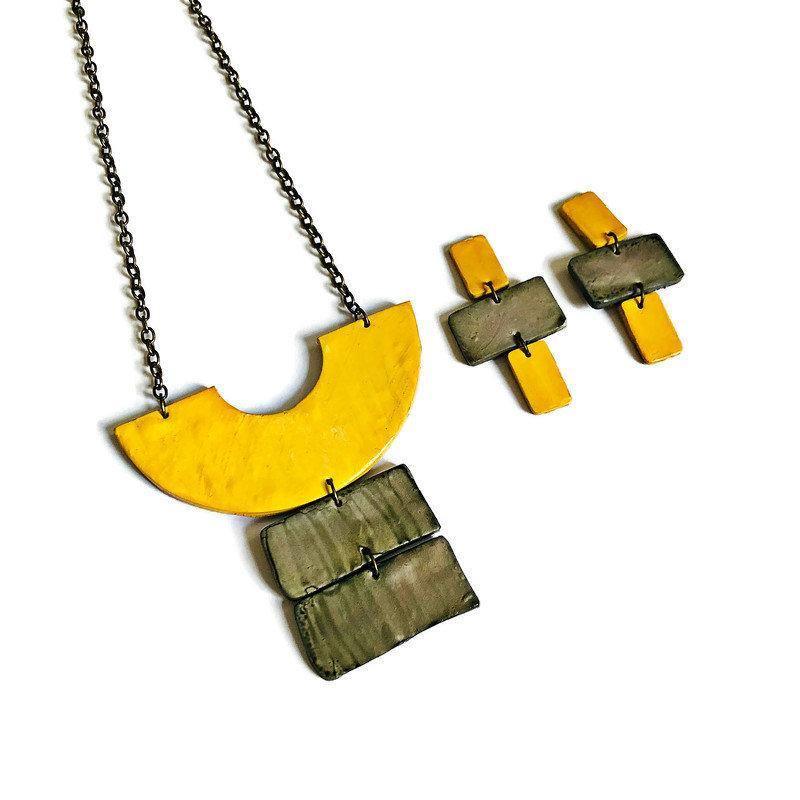 Yellow & Grey Chunky Statement Necklace & Earring Set Handmade - Image 2